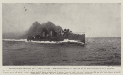 Torpédoborec torpédových člunů HMS Viper, běžící rekordní rychlostí 35,5 uzlů nebo téměř čtyřicet jedna mílí za hodinu od English Photographer