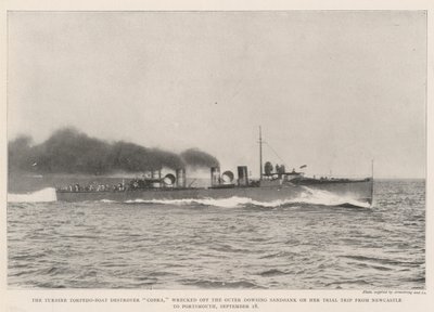 Turbínový torpédový torpédoborec Cobra, ztroskotal u vnějšího proutkařského pískoviště na své zkušební cestě z Newcastlu do Portsmouthu, 18. září od English Photographer