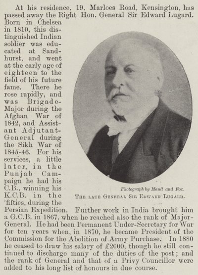 Zesnulý generál Sir Edward Lugard od English Photographer