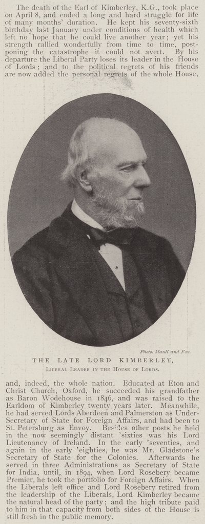 Zesnulý lord Kimberley, liberální vůdce ve Sněmovně lordů od English Photographer