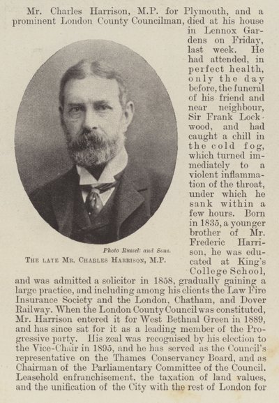 Zesnulý pan Charles Harrison, poslanec od English Photographer