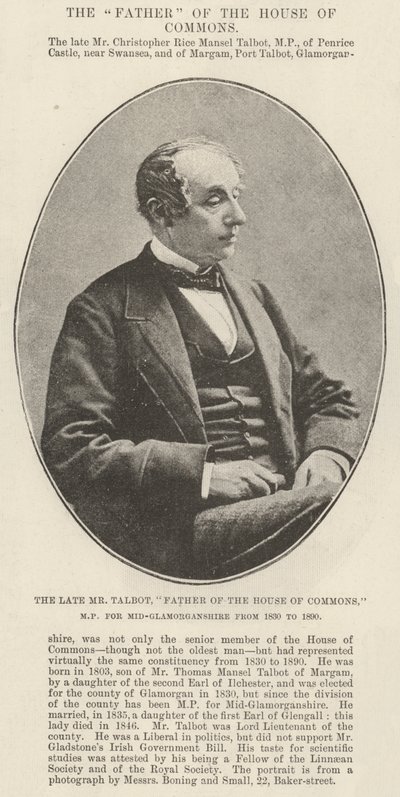 Zesnulý pan Talbot, otec Dolní sněmovny, poslanec za Mid-Glamorganshire v letech 1830 až 1890 od English Photographer