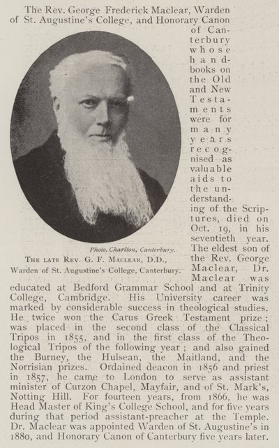 Zesnulý reverend GF Maclear, DD, Warden of St Augustines College, Canterbury od English Photographer