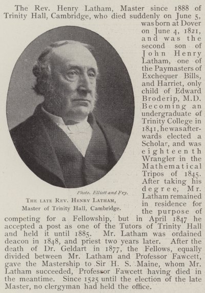 Zesnulý reverend Henry Latham, mistr Trinity Hall, Cambridge od English Photographer