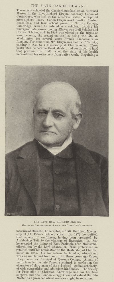 Zesnulý reverend Richard Elwyn, mistr Charterhouse School a kanovník z Canterbury od English Photographer