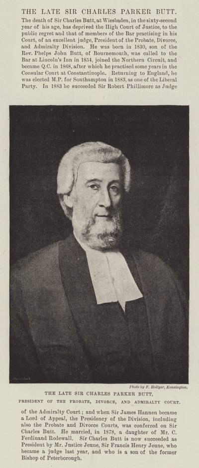 Zesnulý sir Charles Parker Butt, předseda pozůstalostního, rozvodového a admirality soudu od English Photographer