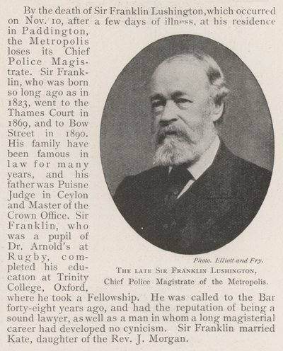 Zesnulý sir Franklin Lushington, hlavní policejní smírčí soudce metropole od English Photographer