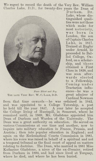 Zesnulý Very Reverend W C Lake, DD od English Photographer