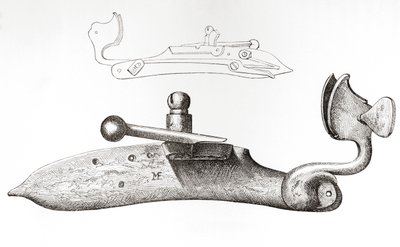 Matchlock ze 17. století. Mechanismus nebo zámek používaný pro střelbu z ruční střelné zbraně, z knihy The British Army: Its Origins, Progress and Equipment, publikované v roce 1868. od English School