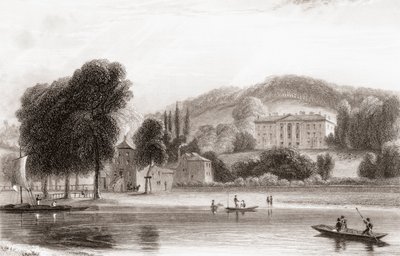 Pohled z 19. století na Beaumont Lodge, Old Windsor, Berkshire, Anglie. Prodán v roce 1854 Tovaryšstvu Ježíšově a přejmenován na Beaumont College, jezuitskou veřejnou školu. Z Churton