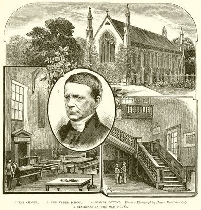 1. Kaple. 2. Vyšší škola. 3. Biskup Cotton. 4. Schodiště ve Starém domě od English School