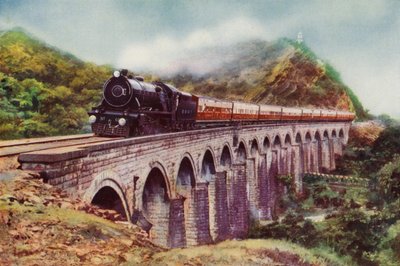 Parní lokomotiva 4-6-2 Bombay, Baroda a Central India Railway tahající Frontier Mail projíždějící přes viadukt mezi Bombají a Dillí (barevná lito) od English School
