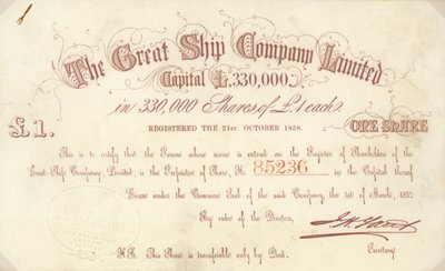 Akciový certifikát v hodnotě 1 GBP vydaný společností The Great Ship Company Limited od English School
