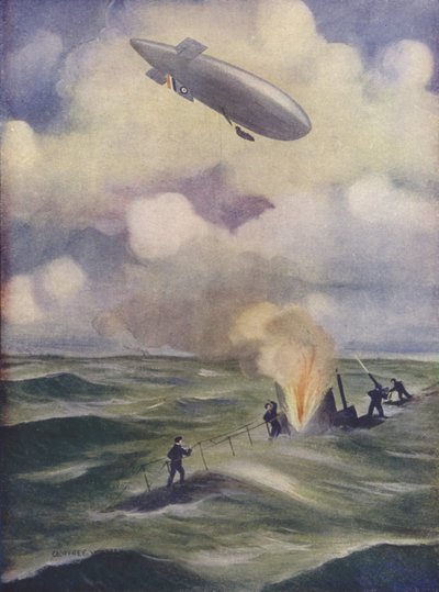 Britská námořní vzducholoď bombardující ponorku od English School