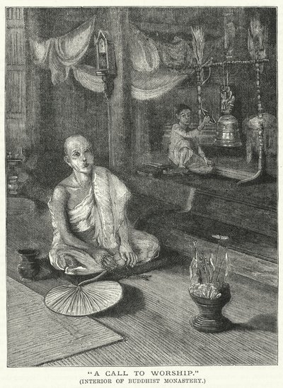 "Výzva k uctívání," Interiér buddhistického kláštera (rytina) od English School
