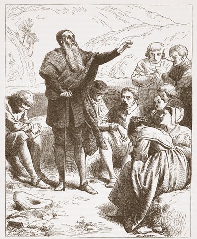 A Conventicle: Worship on the Hill-side, ilustrace z The History of Protestantism od Jamese Aitkena Wylie (1808-1890), hospoda. 1878 od English School