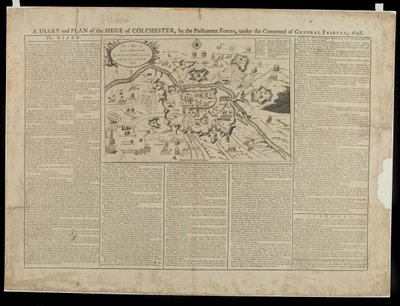 Deník a obrazový plán obléhání Colchesteru 1648, tisk a prodej W. Keymera, 1648 od English School