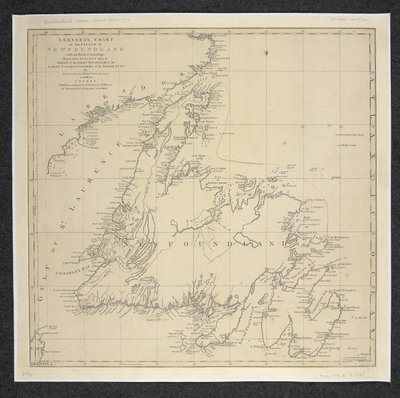 Obecná tabulka ostrova Newfoundland s kameny a sondami, čerpaná z průzkumů pořízených... James Cook a Michael Lane od English School