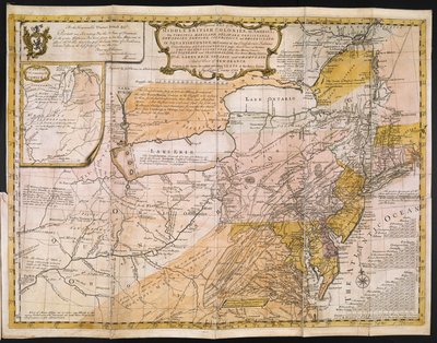 Obecná mapa středobritských kolonií v Americe; viz. Virginie, Mariland, Delaware, Pensilvania, New-Jersey, New York, Connecticut a Rhode Island: z Aquanishuonîgy, země konfederačních indiánů. . . Z jezer Erie, Ontario a Ch od English School