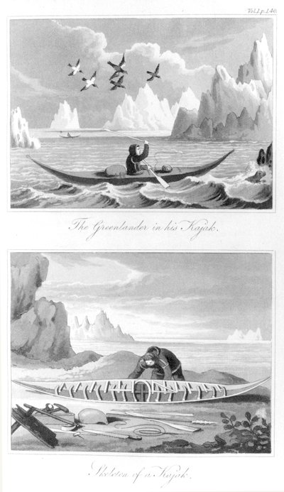 Grónan a jeho kajak, z Historie Grónska od Davida Crantze, 1820 od English School