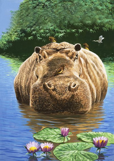 Šťastný hroch, ilustrace z knihy "Říše divů přírody od English School
