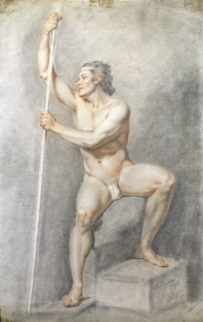 Mužský akt drží hůl, cca 1770 (barevné křídy na papíře) od English School