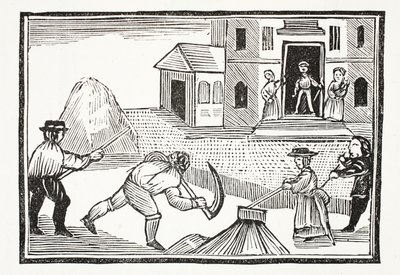 Muž kosící trávu kosou, který zabral vše před tím, ilustrace z Chap-books of the Eighteenth Century od Johna Ashtona, hospoda. 1882 od English School