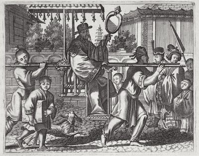 Mandarin in a Sedan Chair, ilustrace z popisu velvyslanectví v Číně, 1690 od English School