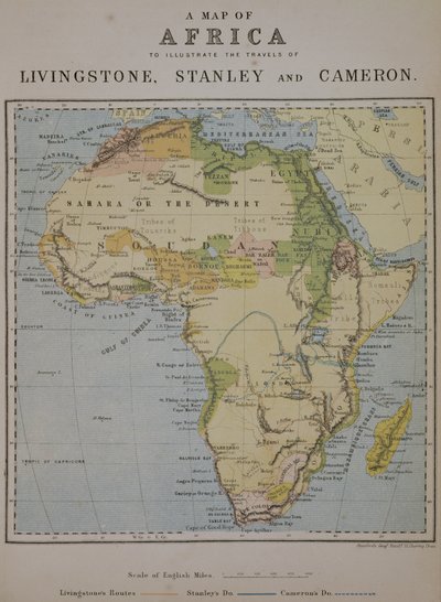 Mapa Afriky k ilustraci cest Davida Livingstonea (1813-73), Henryho Mortona Stanleyho (1841-1904) a Verneyho Lovetta Camerona (1844-94) od English School