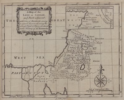 Mapa země Kanaán a přilehlých částí v době, kdy v ní Abraham přišel pobývat, s vyznačením několika lidí a míst zmíněných v Dějinách patriarchů (rytina) od English School