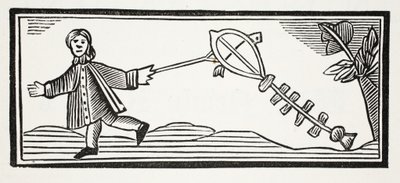 Papírový drak, který vznáší vznešený vzduch, ilustrace z Chap-books of the Eighteenth Century od Johna Ashtona, hospoda. 1882 od English School