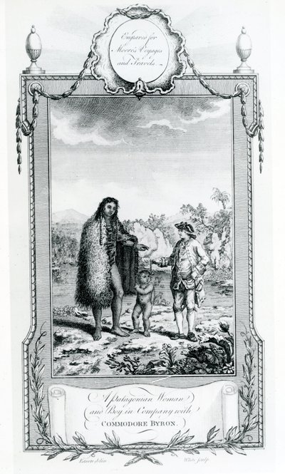 Patagonská žena a chlapec ve společnosti komodora Byrona, ilustrace převzata z Moores Voyages and Travels, 1778 od English School