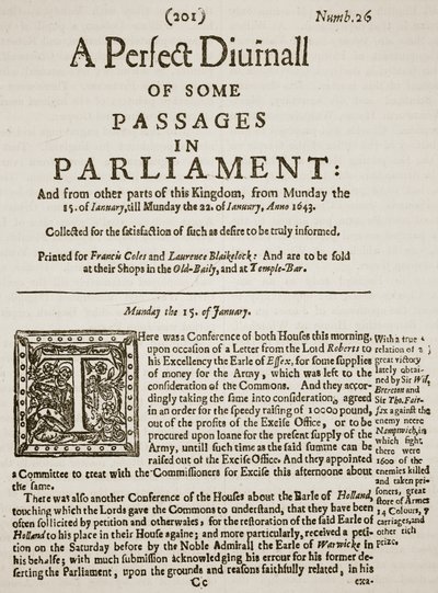 A Perfect Diurnall, faksimile titulní strany čísla 26 z roku 1643, ilustrace z Cassells Illustrated History of England (sépiová fotografie) od English School