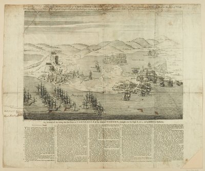 Perspektivní návrh města, přístavu a pevností Carthagena v roce 1739, vydaný 1741 (čárová rytina) od English School