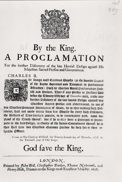 Provolání krále za další objev pozdního hrůzného plánu proti Jeho Veličenstvu posvátné osobě a vládě, 27. listopadu 1678 od English School