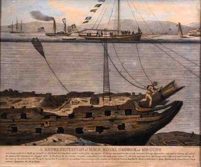 Zastoupení H.M.S. Royal George of 108 Guns, publikoval v roce 1833 (barevná rytina) od English School