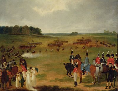 Recenze londýnské dobrovolné kavalérie a létajícího dělostřelectva v Hyde Parku v roce 1804, kolem roku 1804 (olej na palubě na panelu) od English School