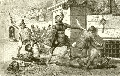 Římský svátek. Boj gladiátorů. The Vanquished apelující na diváky od English School