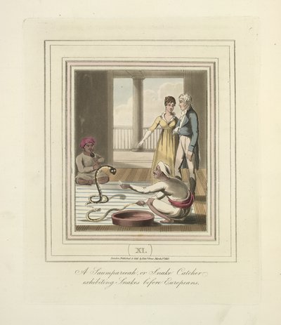 Saumpareeah neboli chytač hadů vystavující hady před Evropany, kolem roku 1824 (barevné lito) od English School