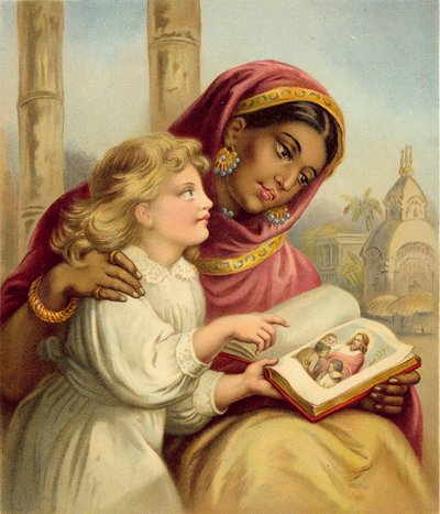 Lekce Písma - indická dívka vyučující anglické dítě od English School
