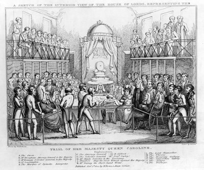 Náčrt interiéru Pohled na Sněmovnu lordů, představující Proces s Jejím Veličenstvom královnou Caroline, hospoda. 1820 (č/b rytina) od English School