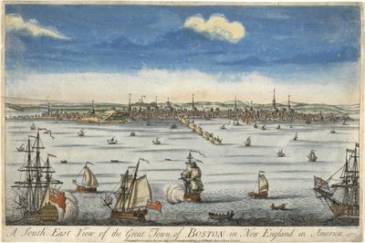 Eine Südostansicht der großen Stadt Boston in Neuengland, ca. 1730 (handkolorierte Gravur) von English School