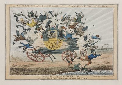 Parní autobus, u kterého se některé stroje pokazily, kolem roku 1825 od English School