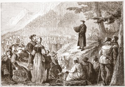 Švýcarský reformátor káže svému stádu na otevřeném poli, ilustrace z Historie protestantismu od Jamese Aitkena Wylie (1808-1890), pub. 1878 od English School