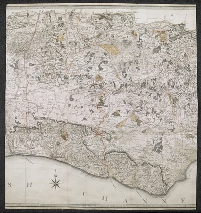 Topografická mapa hrabství Sussex, rozdělená na znásilnění, děkanství a stovky. Plánováno od skutečného průzkumu na stupnici od jednoho palce po předepsanou míli od English School