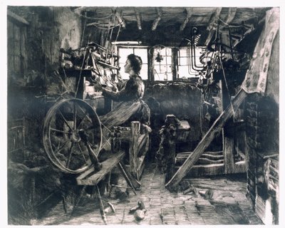 Typický tkalcovský loft rané průmyslové revoluce od English School