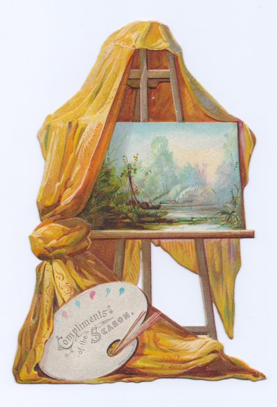Viktoriánská vystřihovánka obrazu na malířském stojanu se závěsem, cca 1880 (barevná litografie) od English School