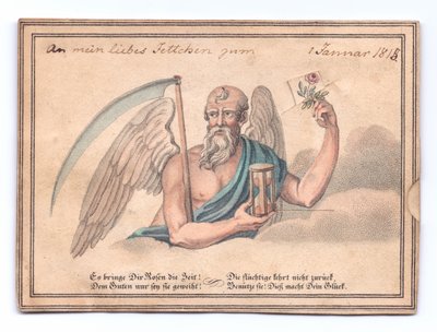 Viktoriánské přání ponuré s kosou a přesýpacími hodinami s růží, kolem roku 1815 (barva litho) od English School