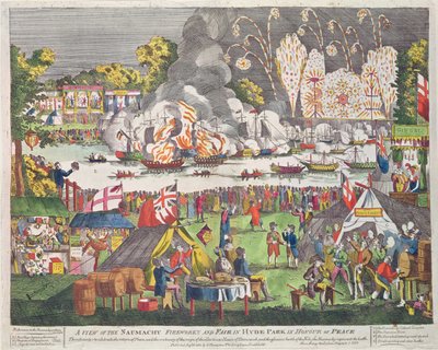 Pohled na Naumachy, Ohňostroje a veletrh v Hyde Parku na počest míru, vydal G. Thompson, 1814 od English School