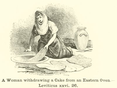Žena vytahující dort z východní trouby, Leviticus, xxvi, 26 od English School